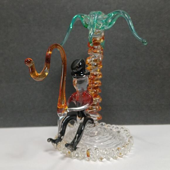 Hand Blown Spun Art Glass Man Fishing Under Palm Tree Figurine - Picture 5 of 11
